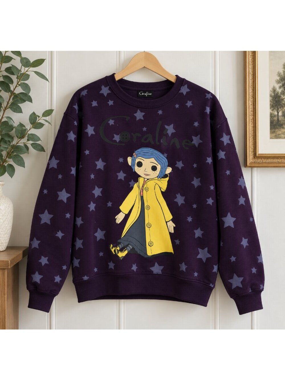 Coraline LAIKA Sweatshirt Womens Large Purple Star Button Eyes Pullover NWOT